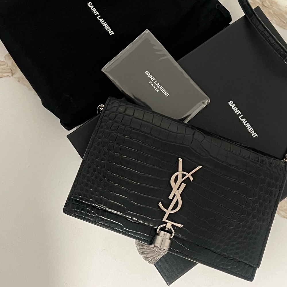 Saint Laurent Kate Croc-Embossed Black Wallet on Chain Bag
